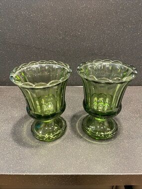 Vintage Green Scalloped Pedestal Candle Holder or Vase